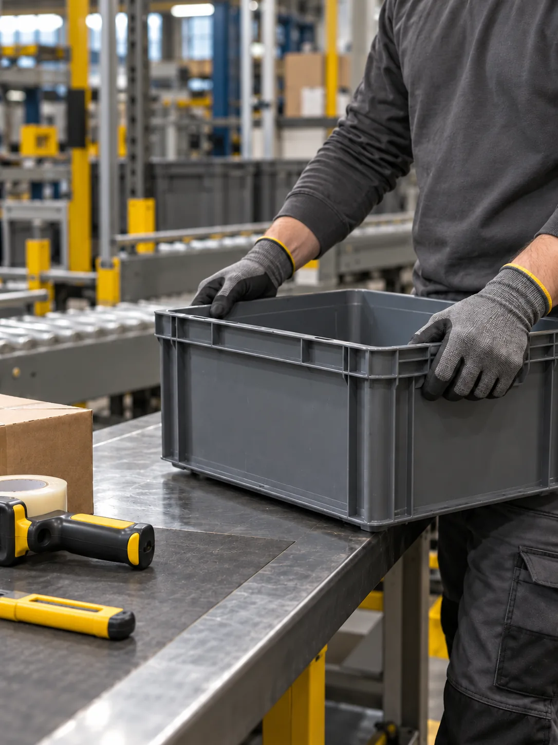 Mains et bac sur un poste de préparation de commandes, visages hors champ.